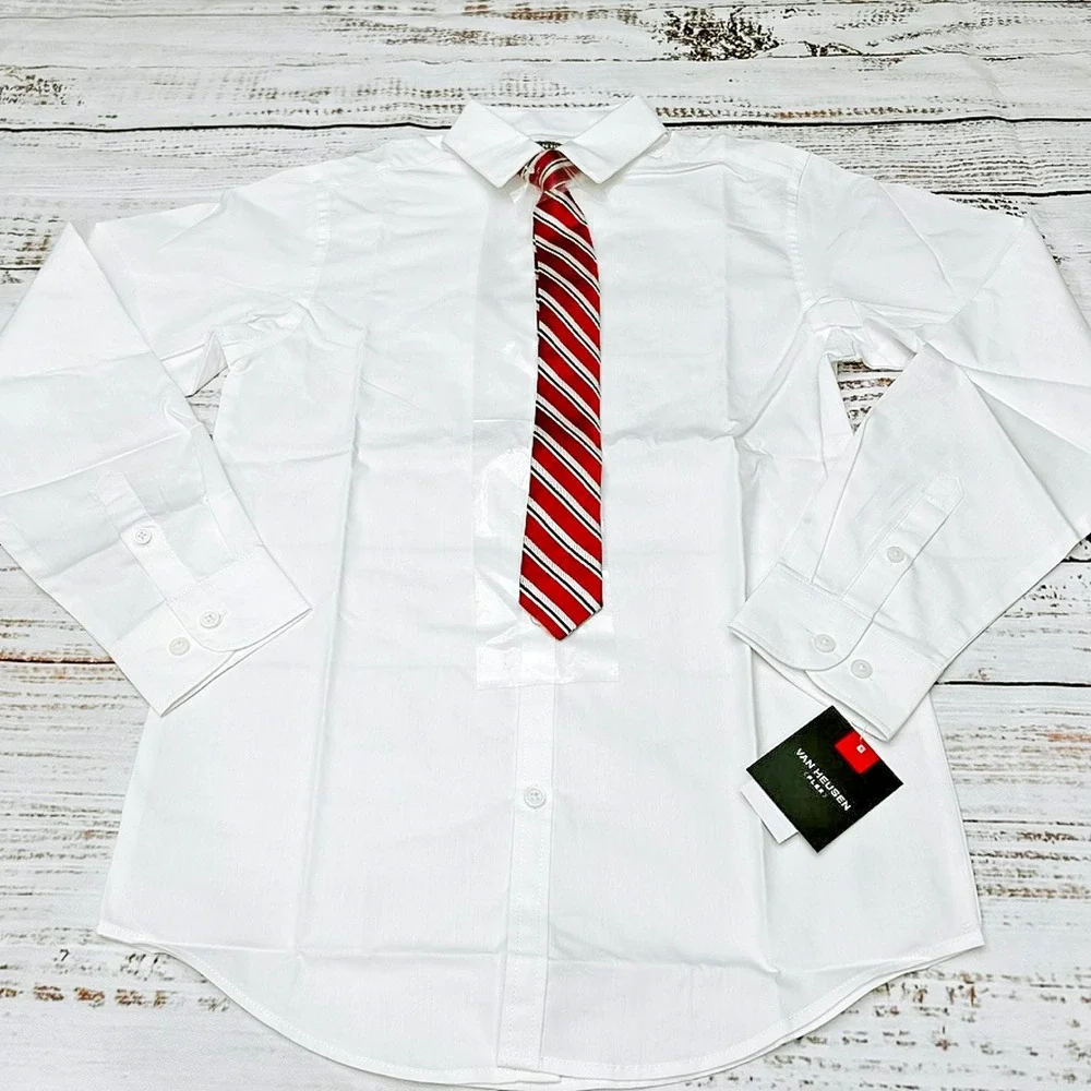 Van Heusen Flex Boys Shirt Snap On Tie M 10/12 White Red NWT $45